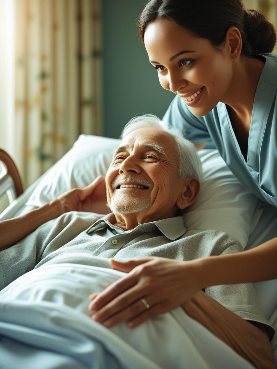 caregiver helping a senior adult in bed